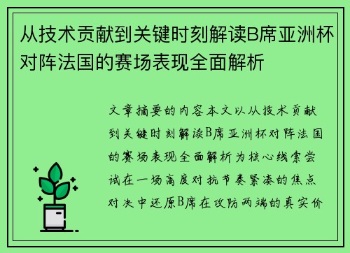 从技术贡献到关键时刻解读B席亚洲杯对阵法国的赛场表现全面解析